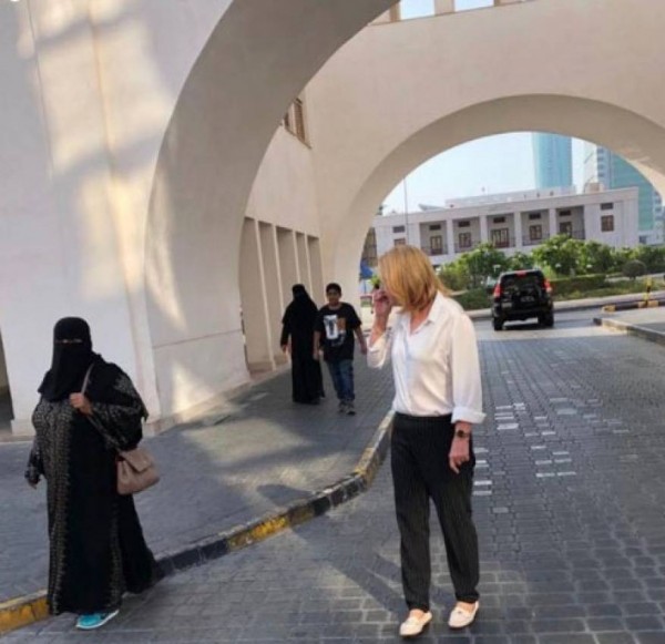Former Israeli FMr Tzipi Livni in front of Bab Al Bahrain, most prominent landmark in Manama (2019)